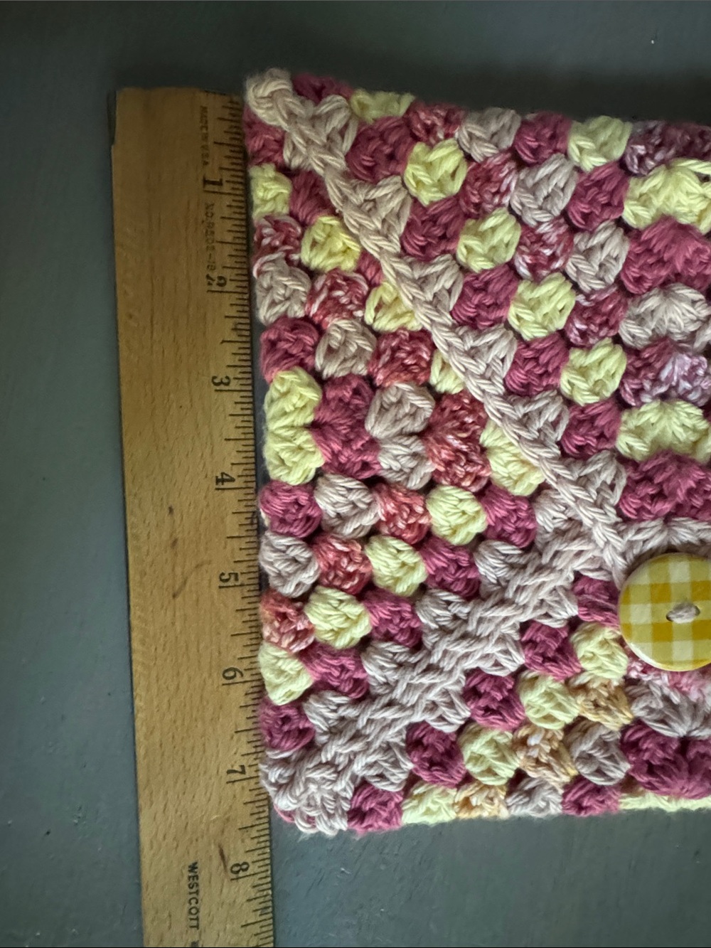 Crochet Envelope Tablet Sleeve in Pink, Cream & Yellow - 100% Cotton - Picture 5 of 5